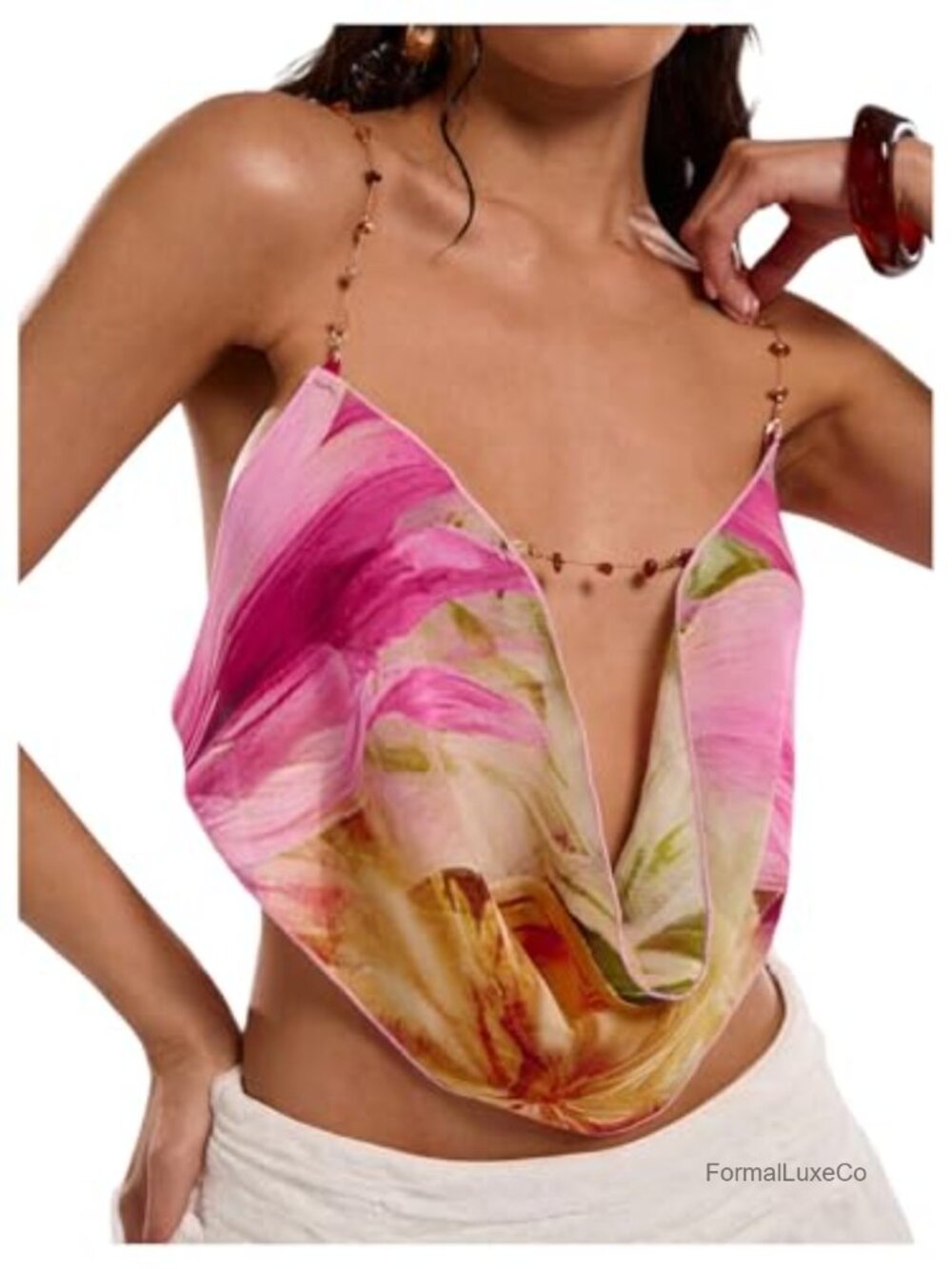 Women's Boho Floral Beaded Chain Cowl Neck Backless Draped Crop Cami Top